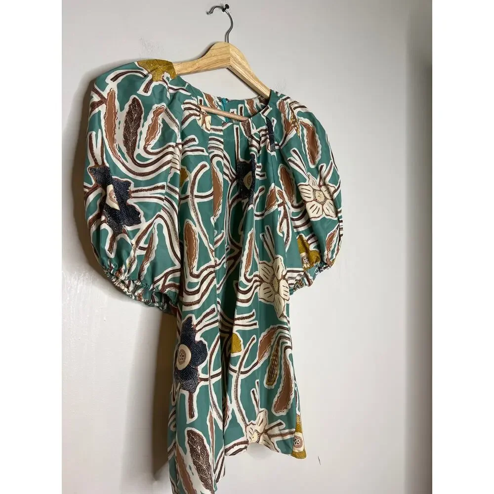 NEW Ulla Johnson Anila Floral Puff Sleeves Crew Neck Blouse Top in Topaz